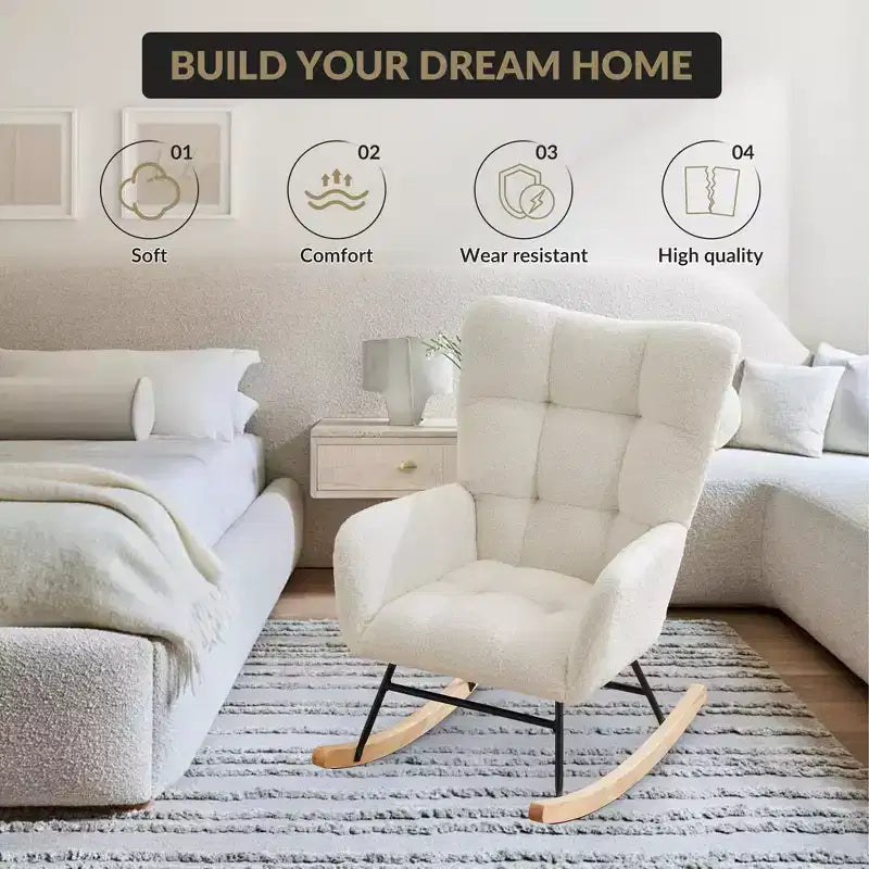 Nursery Rocking Chair with High Backrest, Armrests and Side Pocket