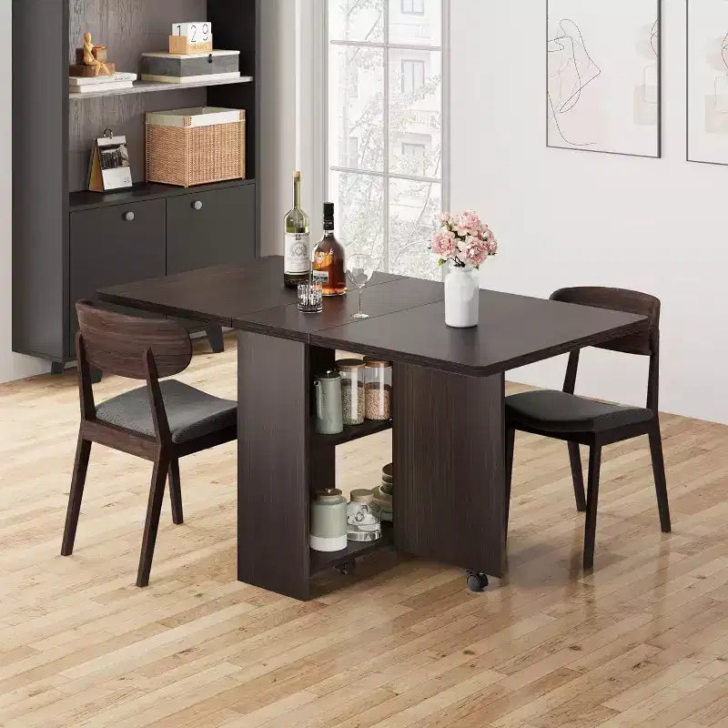 Folding Dining Table, Space Saving Drop Leaf Table for 4, Storage Shelf, 6 Wheels, Expandable Kitchen Table for Small Space