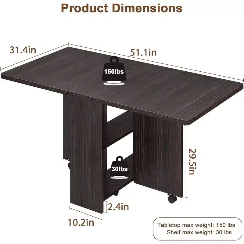Folding Dining Table, Space Saving Drop Leaf Table for 4, Storage Shelf, 6 Wheels, Expandable Kitchen Table for Small Space
