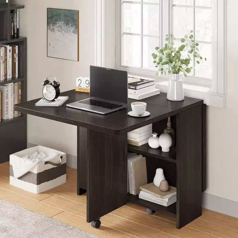 Folding Dining Table, Space Saving Drop Leaf Table for 4, Storage Shelf, 6 Wheels, Expandable Kitchen Table for Small Space