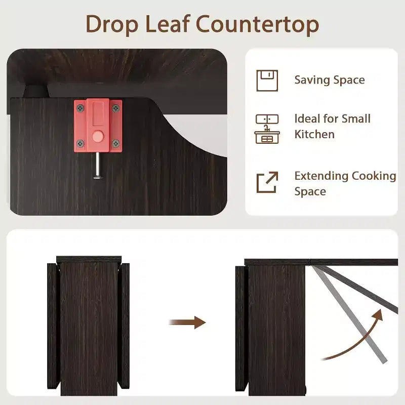 Folding Dining Table, Space Saving Drop Leaf Table for 4, Storage Shelf, 6 Wheels, Expandable Kitchen Table for Small Space