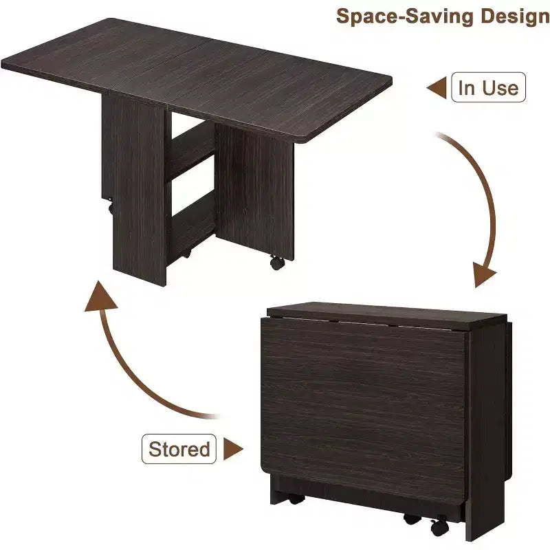 Folding Dining Table, Space Saving Drop Leaf Table for 4, Storage Shelf, 6 Wheels, Expandable Kitchen Table for Small Space