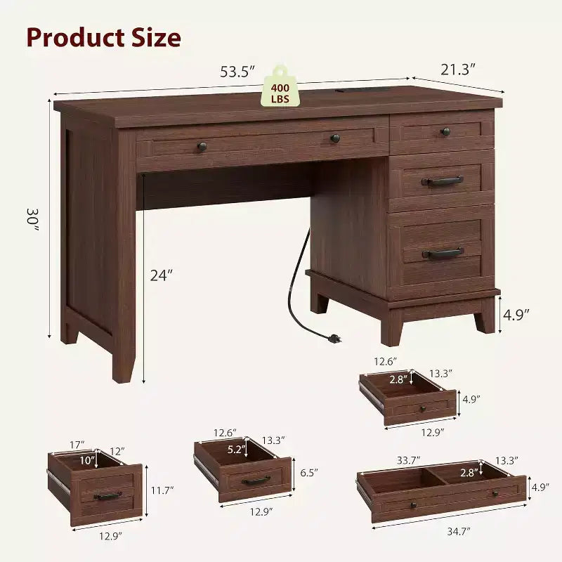 Farmhouse Home Office Desk with Charging Station and File Cabinet, 53.5 in