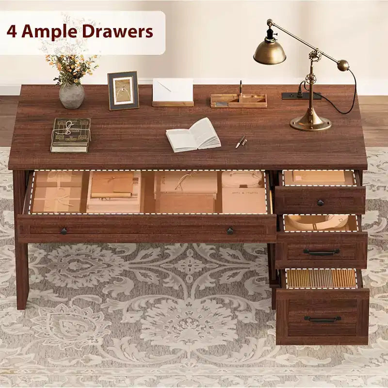 Farmhouse Home Office Desk with Charging Station and File Cabinet, 53.5 in