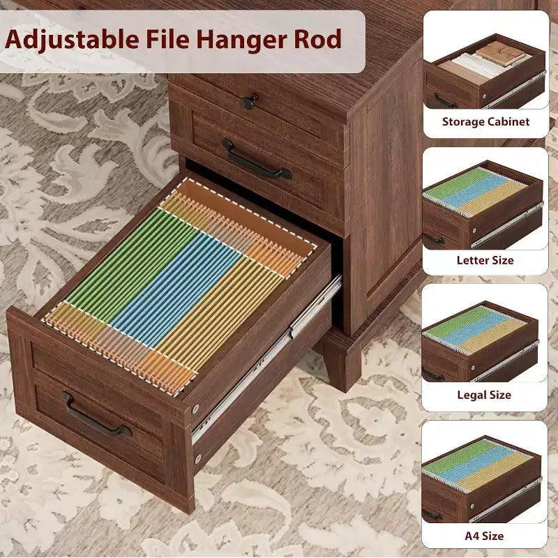 Farmhouse Home Office Desk with Charging Station and File Cabinet, 53.5 in
