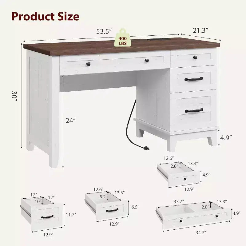 Farmhouse Home Office Desk with Charging Station and File Cabinet, 53.5 in