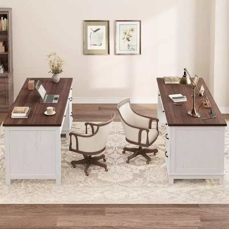 Farmhouse Home Office Desk with Charging Station and File Cabinet, 53.5 in