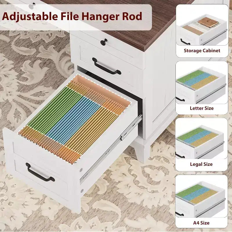 Farmhouse Home Office Desk with Charging Station and File Cabinet, 53.5 in