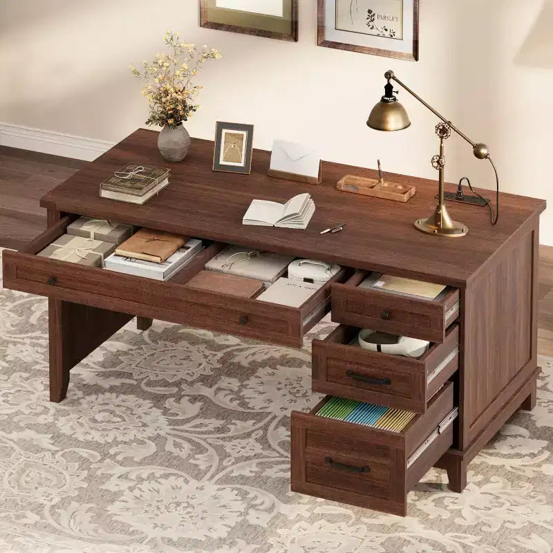 Executive Desk with Drawers, Farmhouse Home Office Desk with Charging Station, 53.54 in Wooden Computer Desk with File Cabinet Storage