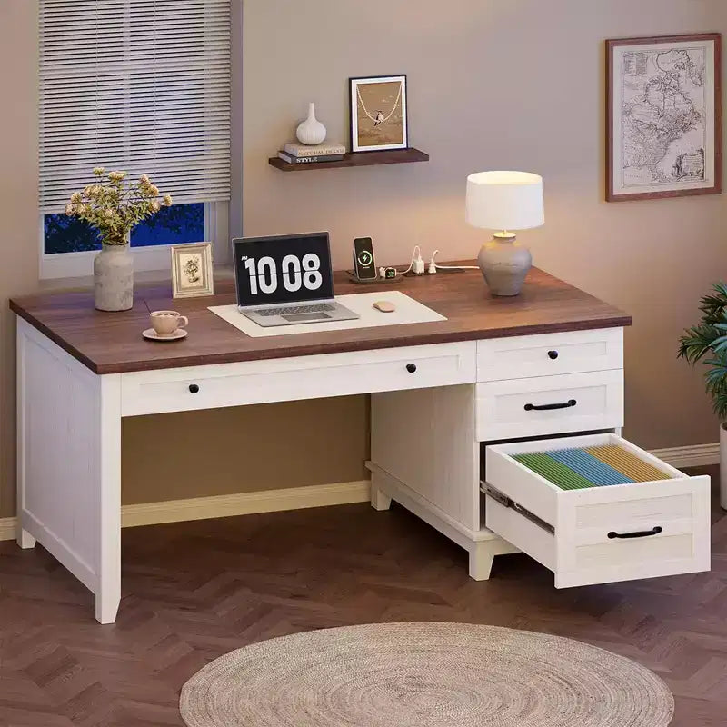 Farmhouse Home Office Desk with Charging Station and File Cabinet, 53.5 in