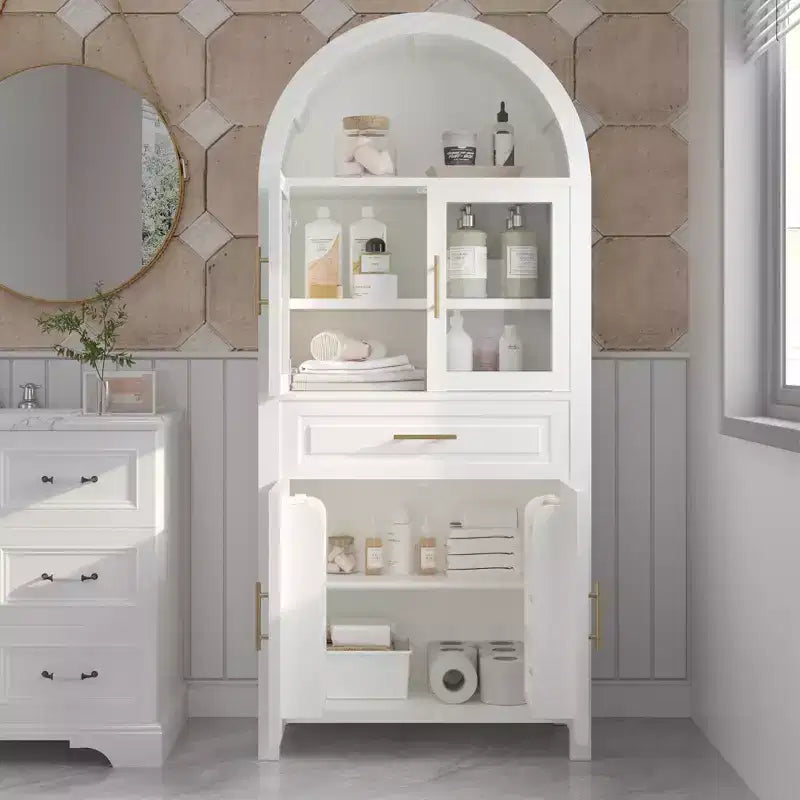 71" Arched Kitchen Pantry Cabinet with Glass Door, Farmhouse Style, Adjustable Shelves & Barn Door Design