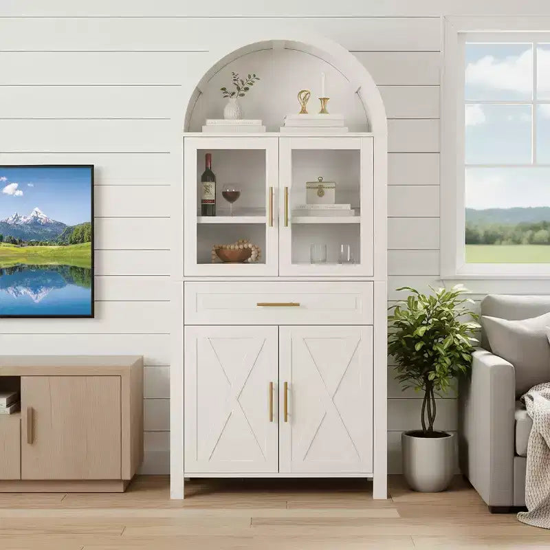 71" Arched Kitchen Pantry Cabinet with Glass Door, Farmhouse Style, Adjustable Shelves & Barn Door Design
