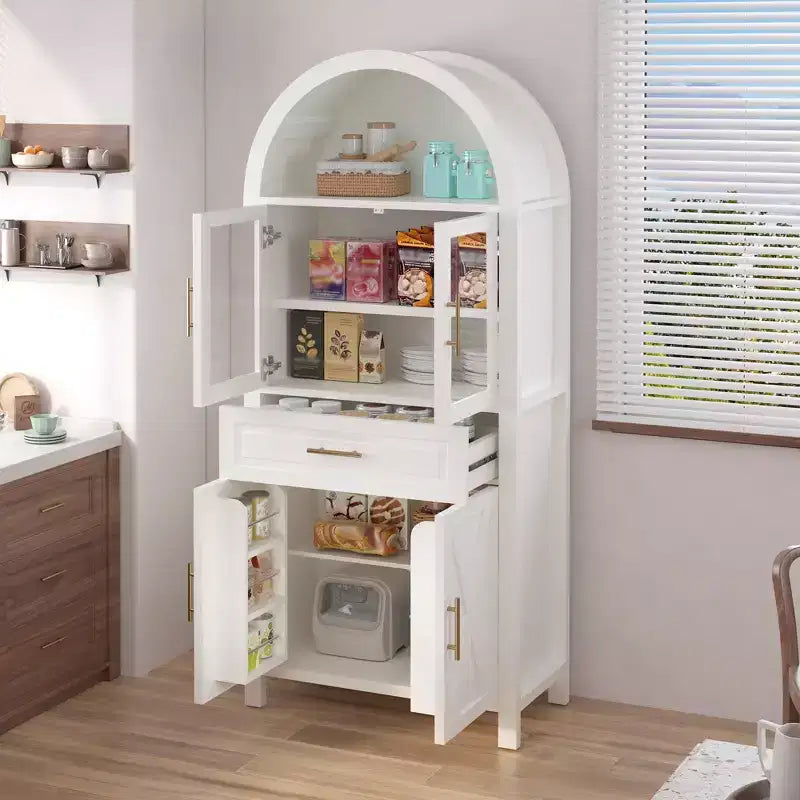 71" Arched Kitchen Pantry Cabinet with Glass Door, Farmhouse Style, Adjustable Shelves & Barn Door Design