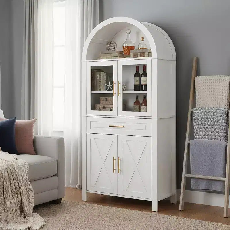 71" Arched Kitchen Pantry Cabinet with Glass Door, Farmhouse Style, Adjustable Shelves & Barn Door Design