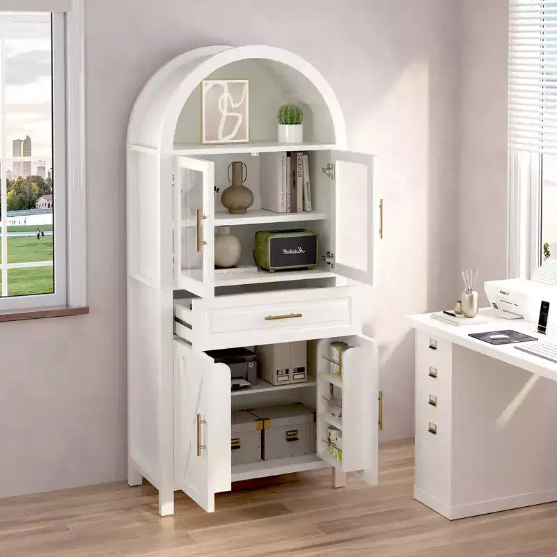 71" Arched Kitchen Pantry Cabinet with Glass Door, Farmhouse Style, Adjustable Shelves & Barn Door Design