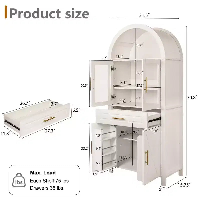 71" Arched Kitchen Pantry Cabinet with Glass Door, Farmhouse Style, Adjustable Shelves & Barn Door Design