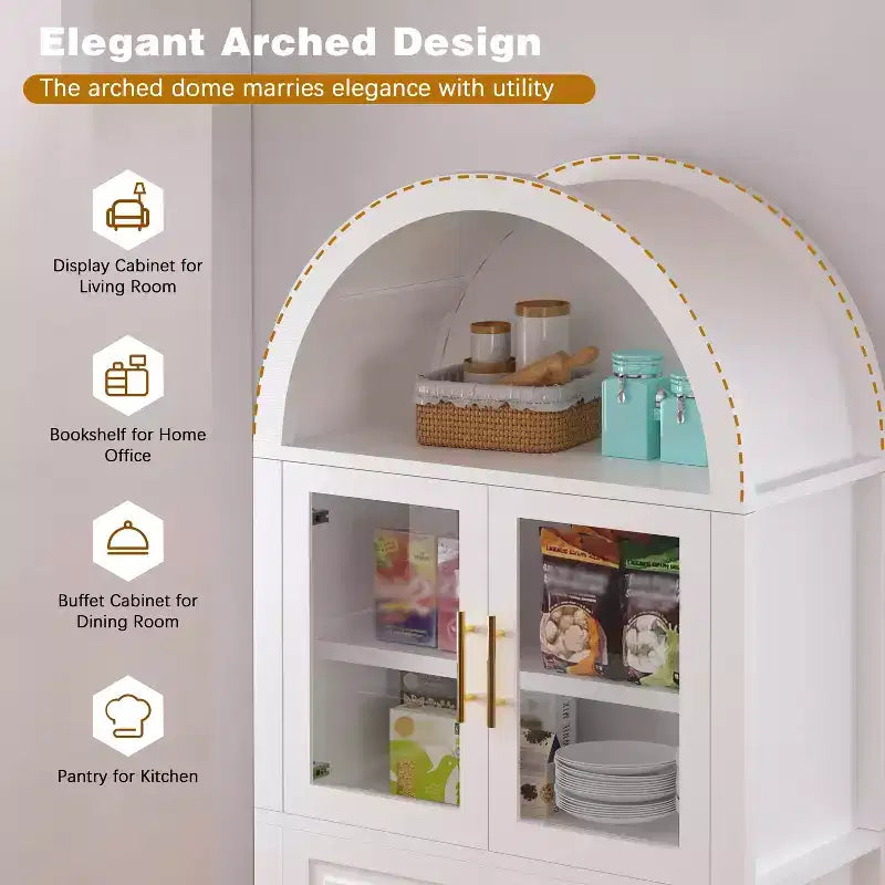71" Arched Kitchen Pantry Cabinet with Glass Door, Farmhouse Style, Adjustable Shelves & Barn Door Design