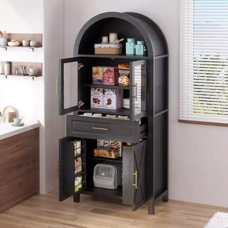 71" Arched Kitchen Pantry Cabinet with Glass Door, Farmhouse Style, Adjustable Shelves & Barn Door Design