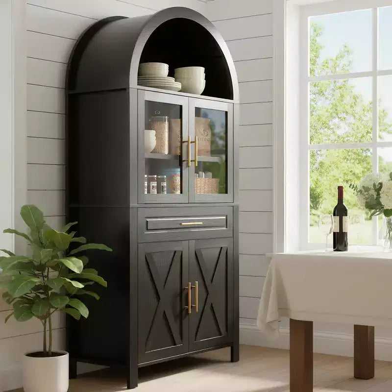 71" Arched Kitchen Pantry Cabinet with Glass Door, Farmhouse Style, Adjustable Shelves & Barn Door Design