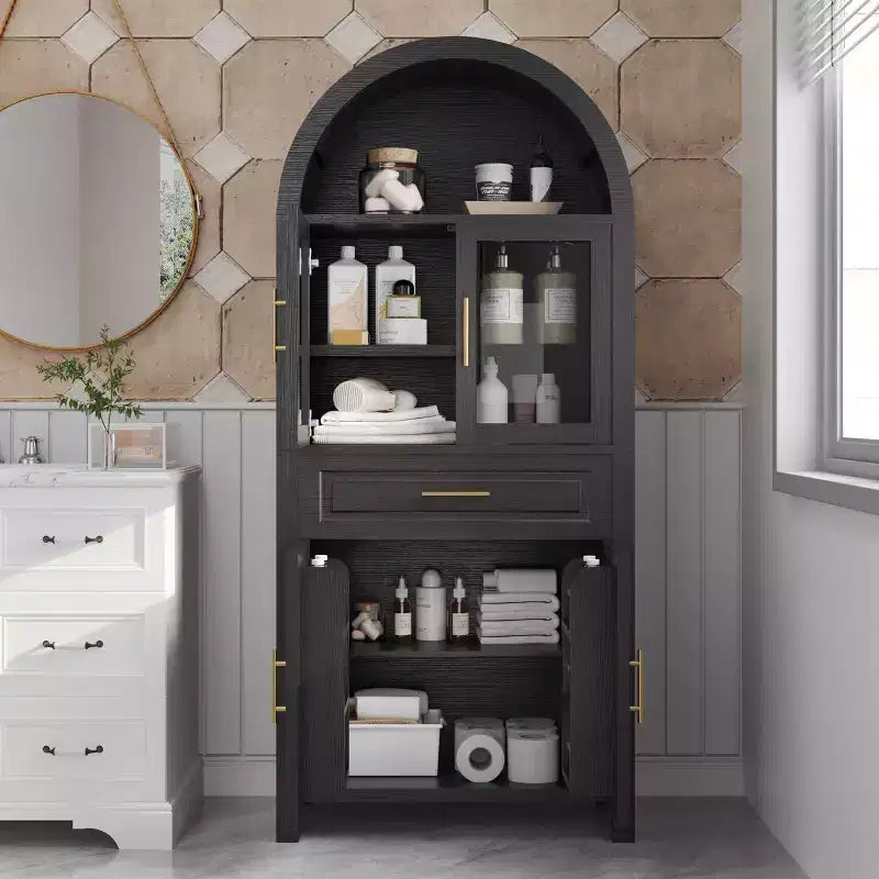 71" Arched Kitchen Pantry Cabinet with Glass Door, Farmhouse Style, Adjustable Shelves & Barn Door Design