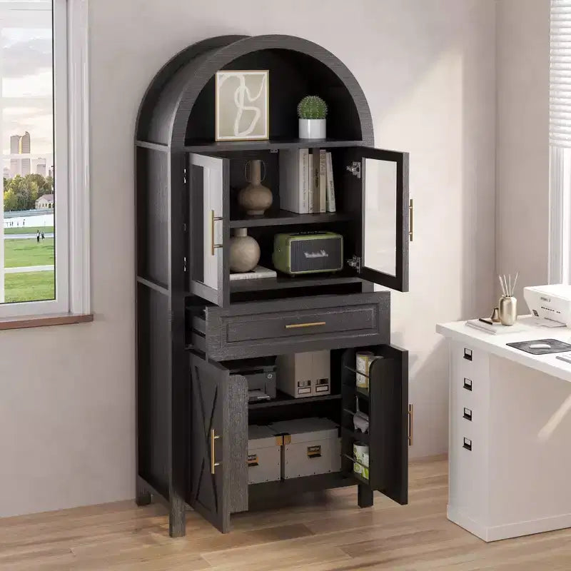 71" Arched Kitchen Pantry Cabinet with Glass Door, Farmhouse Style, Adjustable Shelves & Barn Door Design