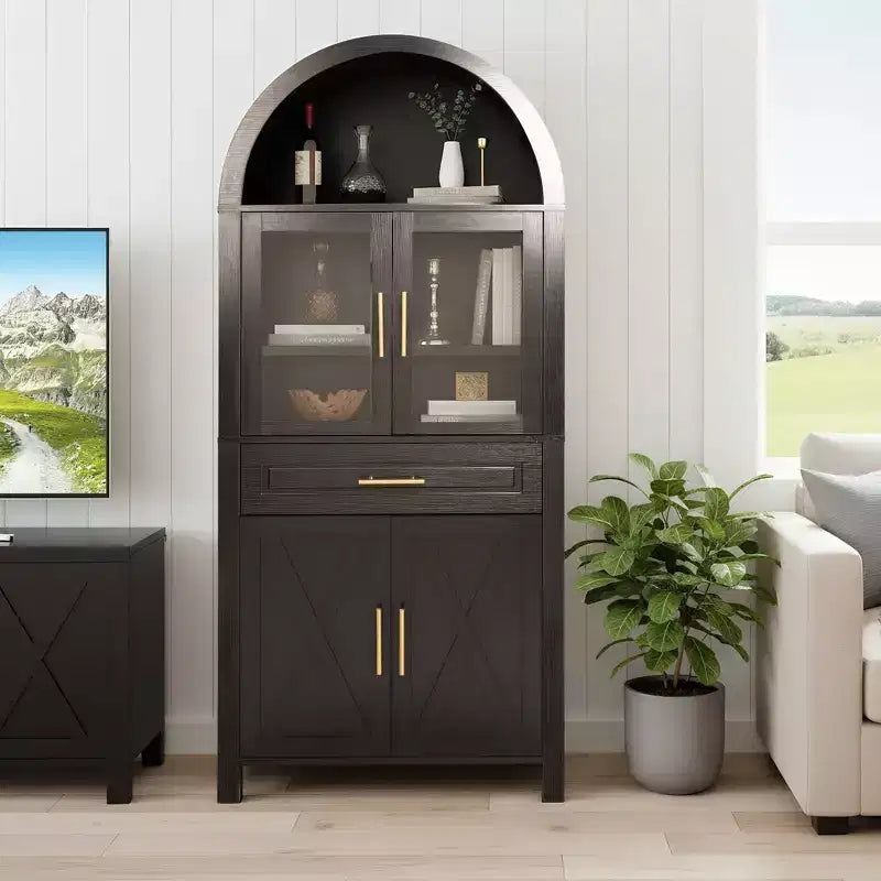 71" Arched Kitchen Pantry Cabinet with Glass Door, Farmhouse Style, Adjustable Shelves & Barn Door Design