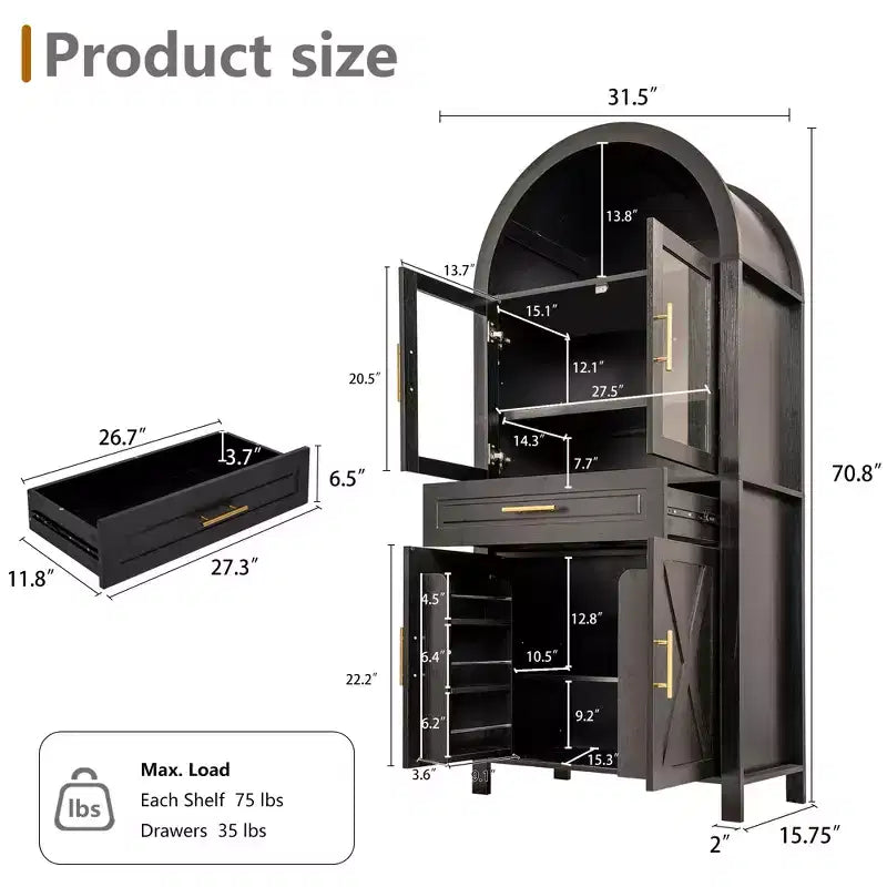 71" Arched Kitchen Pantry Cabinet with Glass Door, Farmhouse Style, Adjustable Shelves & Barn Door Design