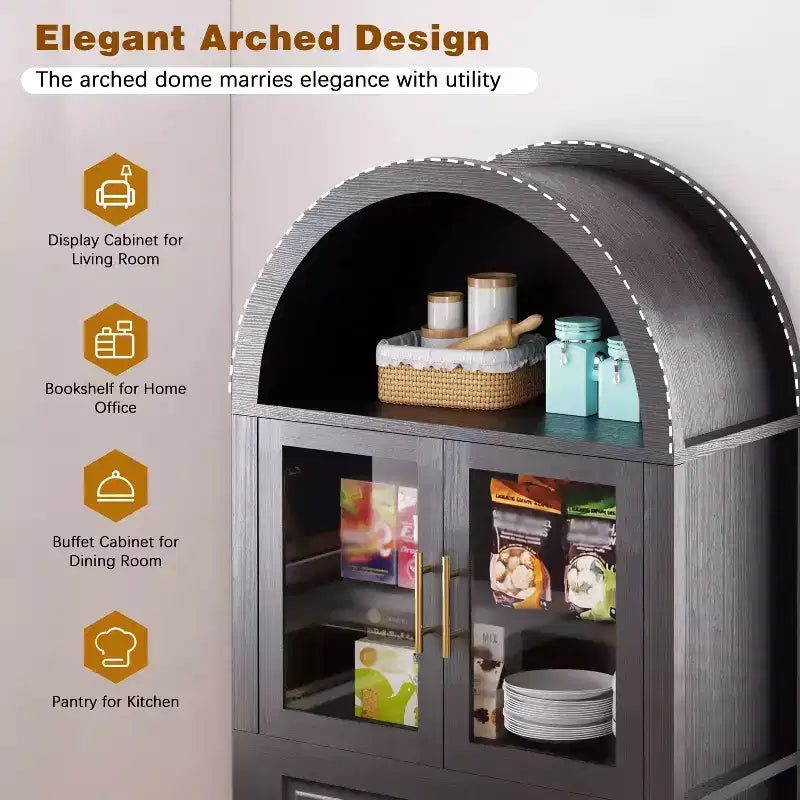 71" Arched Kitchen Pantry Cabinet with Glass Door, Farmhouse Style, Adjustable Shelves & Barn Door Design