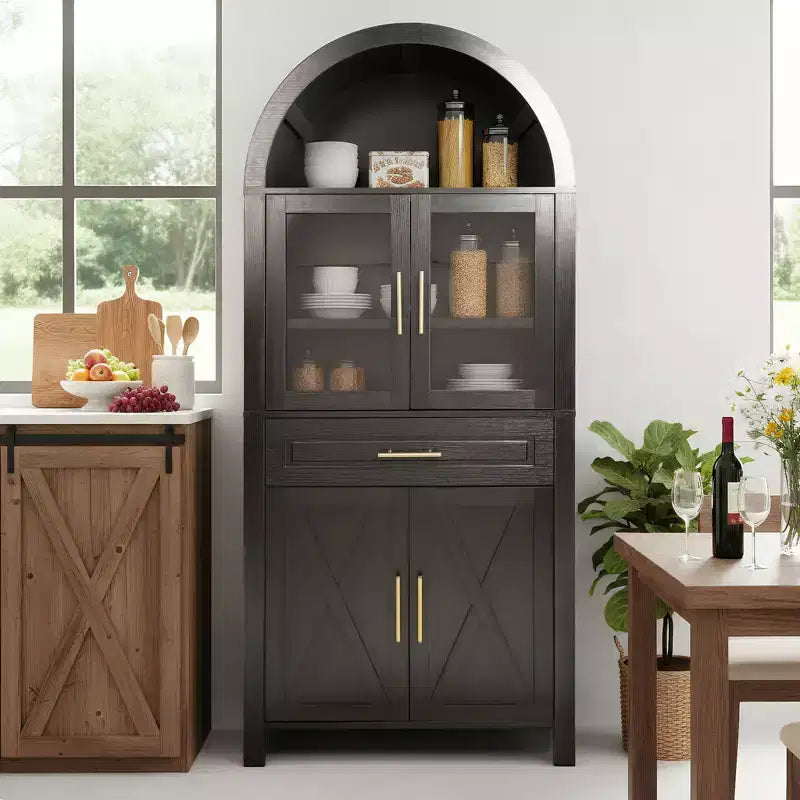 71 Arched Kitchen Storage Cabinet with Glass Door, Farmhouse Style, Adjustable Shelves, Barn Door Design, for Kitchen, Living Room, Dining Room