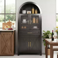 71 Arched Kitchen Storage Cabinet with Glass Door, Farmhouse Style, Adjustable Shelves, Barn Door Design, for Kitchen, Living Room, Dining Room