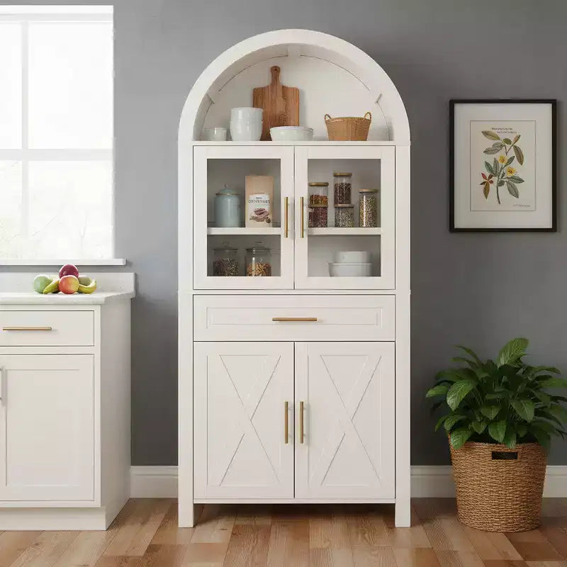 71" Arched Kitchen Pantry Cabinet with Glass Door, Farmhouse Style, Adjustable Shelves & Barn Door Design