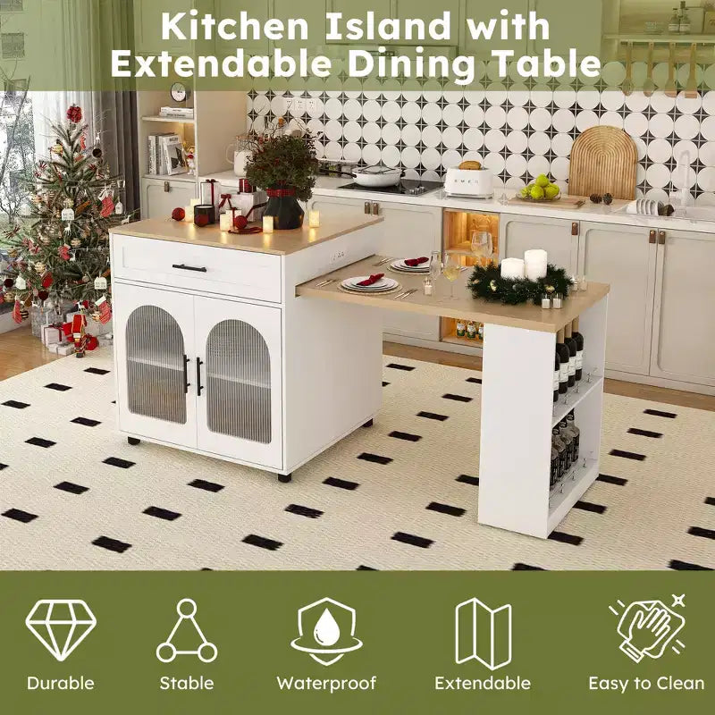 Kitchen Island with Dining Table, Wood Grain Countertop, Power Outlet & Storage Cart