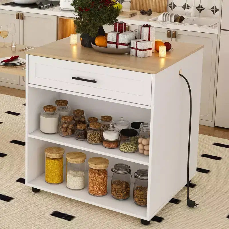 Kitchen Island with Dining Table, Wood Grain Countertop, Power Outlet & Storage Cart
