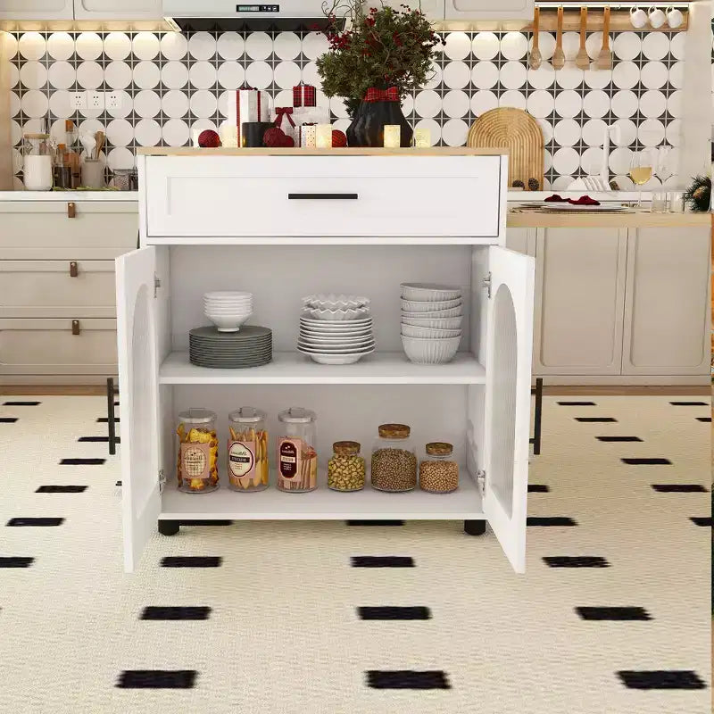Kitchen Island with Dining Table, Wood Grain Countertop, Power Outlet & Storage Cart