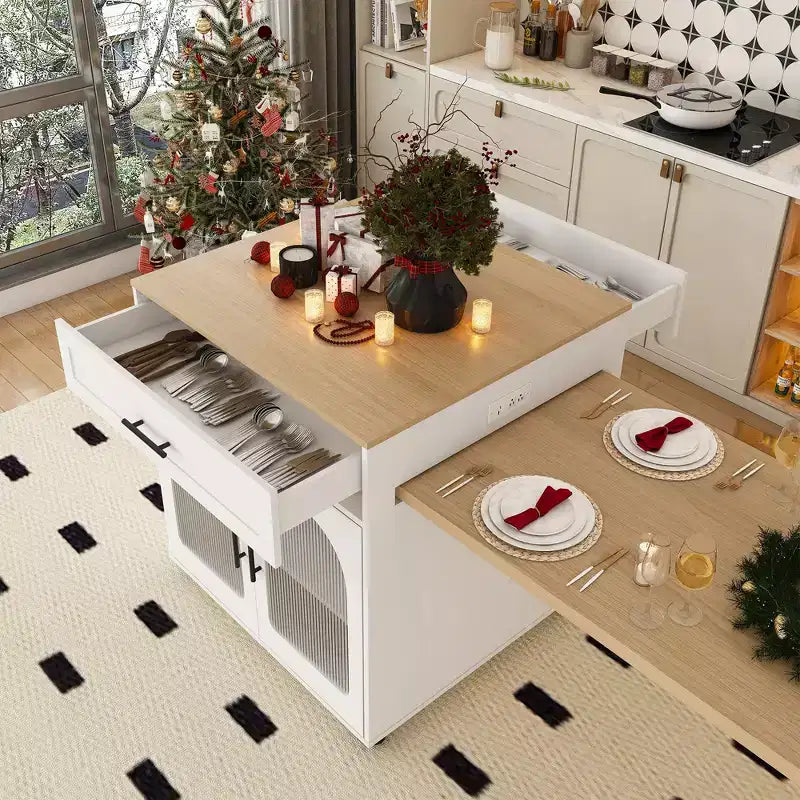 Kitchen Island with Dining Table, Wood Grain Countertop, Power Outlet & Storage Cart