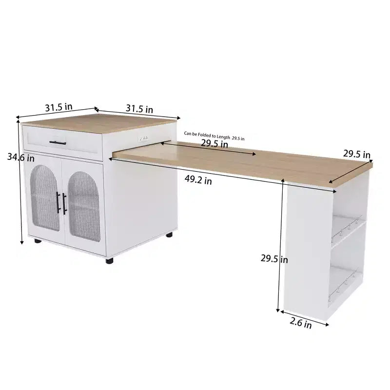 Kitchen Island with Dining Table, Wood Grain Countertop, Power Outlet & Storage Cart
