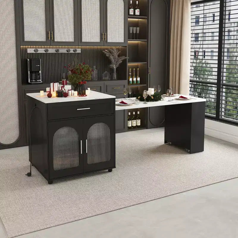 Kitchen Island with Dining Table, Wood Grain Countertop, Power Outlet & Storage Cart