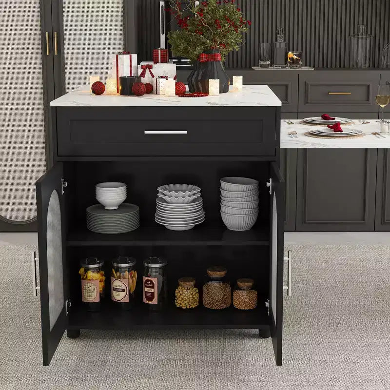 Kitchen Island with Dining Table, Wood Grain Countertop, Power Outlet & Storage Cart
