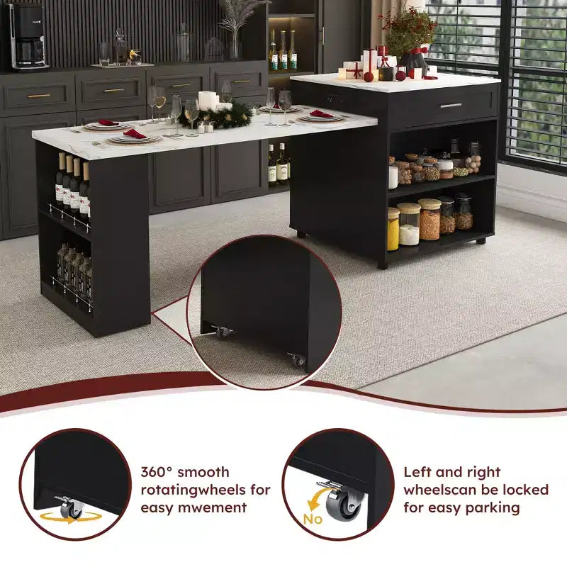 Kitchen Island with Dining Table, Wood Grain Countertop, Power Outlet & Storage Cart