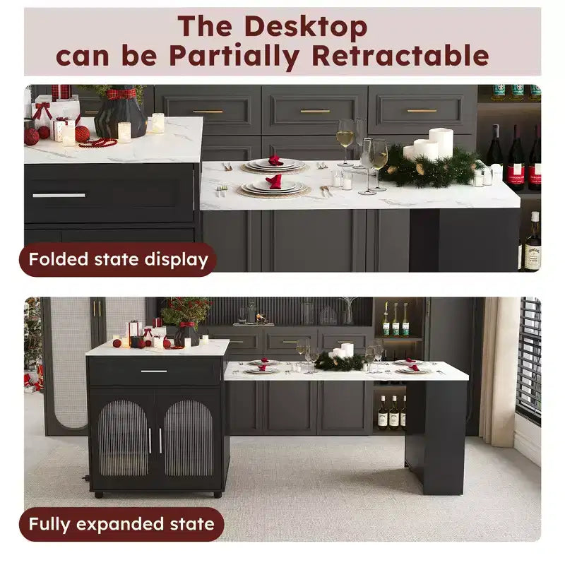 Kitchen Island with Dining Table, Wood Grain Countertop, Power Outlet & Storage Cart