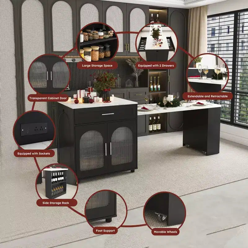 Kitchen Island with Dining Table, Wood Grain Countertop, Power Outlet & Storage Cart