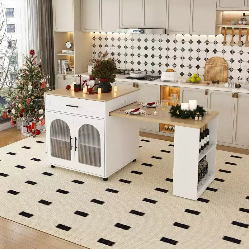 Kitchen Island with Dining Table, Wood Grain Countertop, Power Outlet & Storage Cart