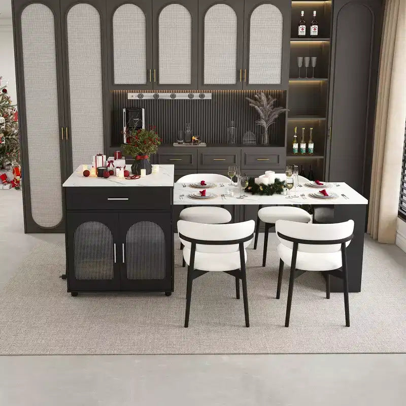 Kitchen Island with Dining Table, Wood Grain Countertop with Power Outlet, Mobile Storage Cart with Cabinet & 2 Drawers, Kitchen Prep Table