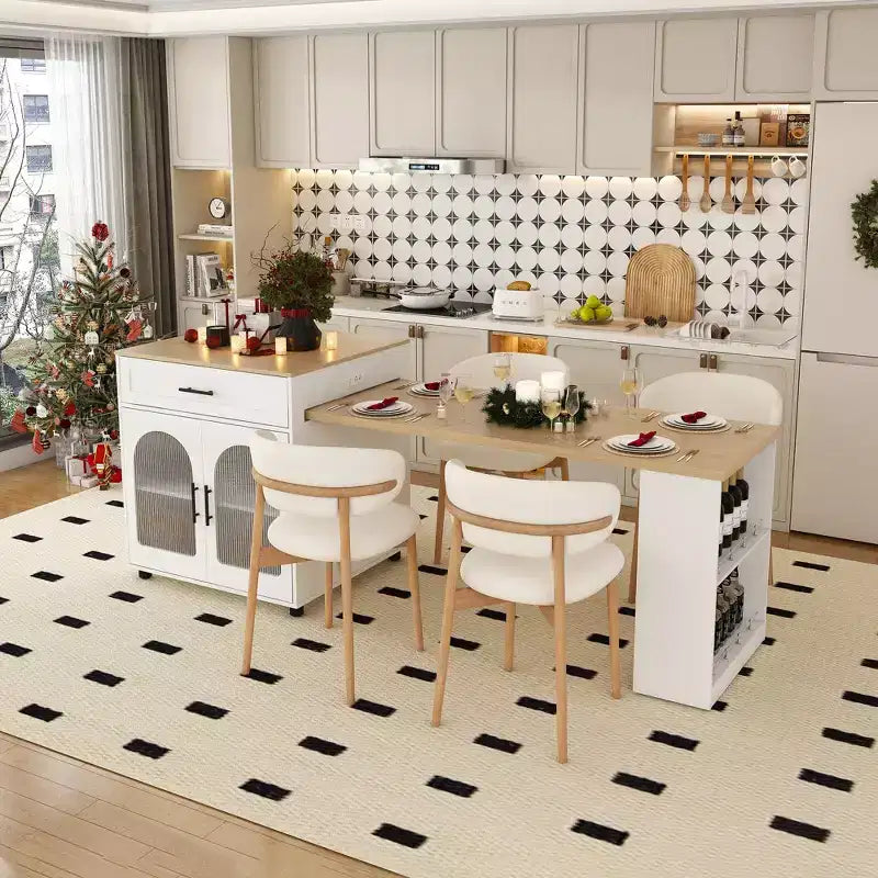 Kitchen Island with Dining Table, Wood Grain Countertop, Power Outlet & Storage Cart