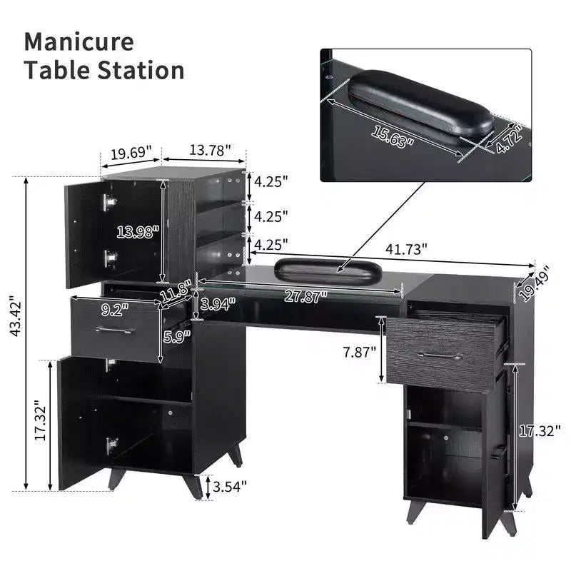 Manicure Table Modern Salon Nail Desk with Glass Top & Wrist Cushion