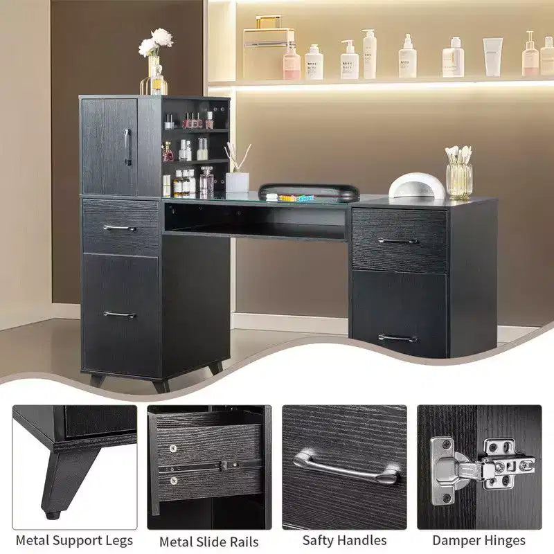 Manicure Table Modern Salon Nail Desk with Glass Top & Wrist Cushion