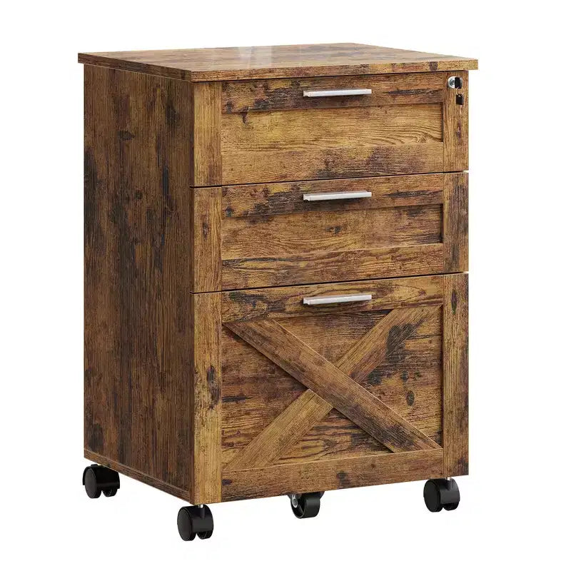 3-Drawer Lockable Wooden File Cabinet, Mobile Under-Desk Rolling Storage Organizer for Letter/Legal/A4