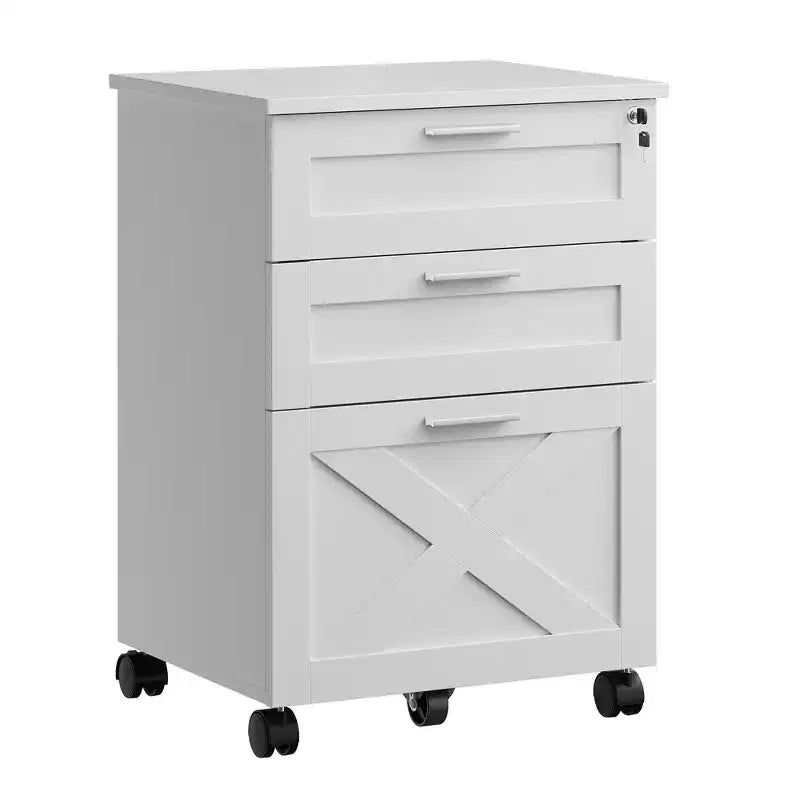 3-Drawer Lockable Wooden File Cabinet, Mobile Under-Desk Rolling Storage Organizer for Letter/Legal/A4