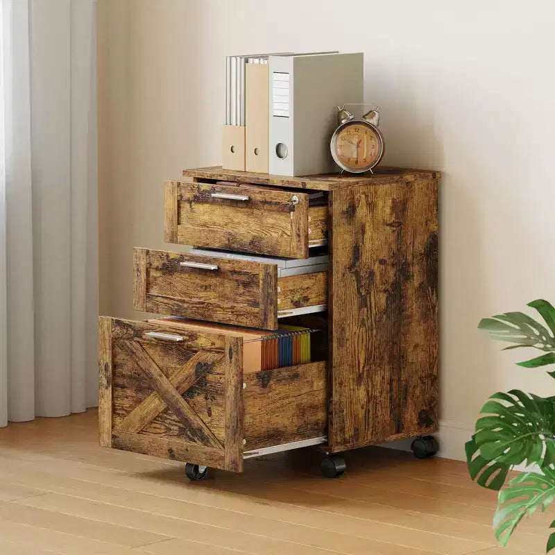 Secure 3-Drawer Lockable Wooden File Cabinet C Mobile Under Desk Rolling Storage Organizer Fits Letter/Legal/A4