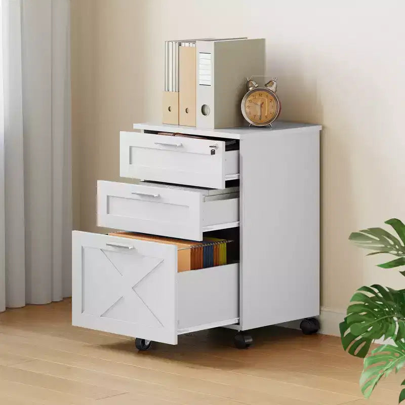 3-Drawer Lockable Wooden File Cabinet, Mobile Under-Desk Rolling Storage Organizer for Letter/Legal/A4